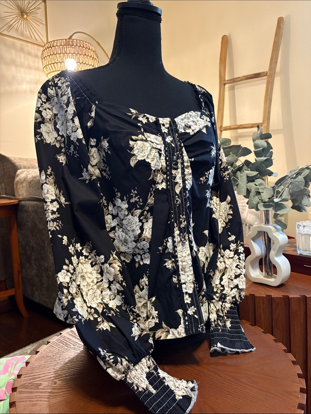 Listicle Black Blouse with Cream Floral Print